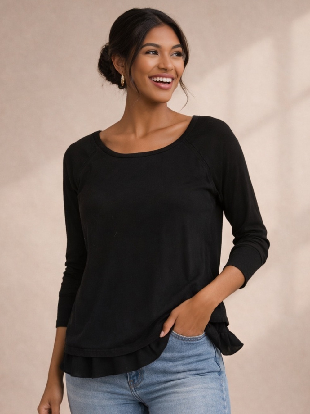 DKNY Black Long Sleeve Top Layered Hem Minimal Chic Lightweight Blouse L